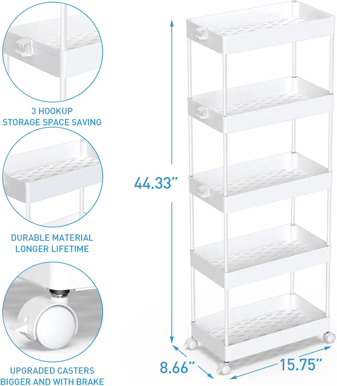 White 5-Tier Rolling Utility Storage Cart with Adjustable Shelves