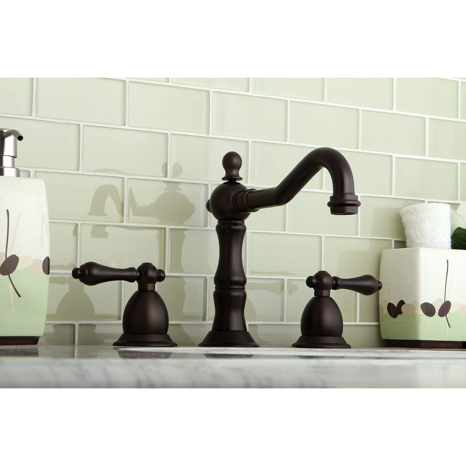 Kingston Brass Heritage Two-Handle 3-Hole Deck Mount Widespread Bathroom Faucet with Brass Pop-Up Drain