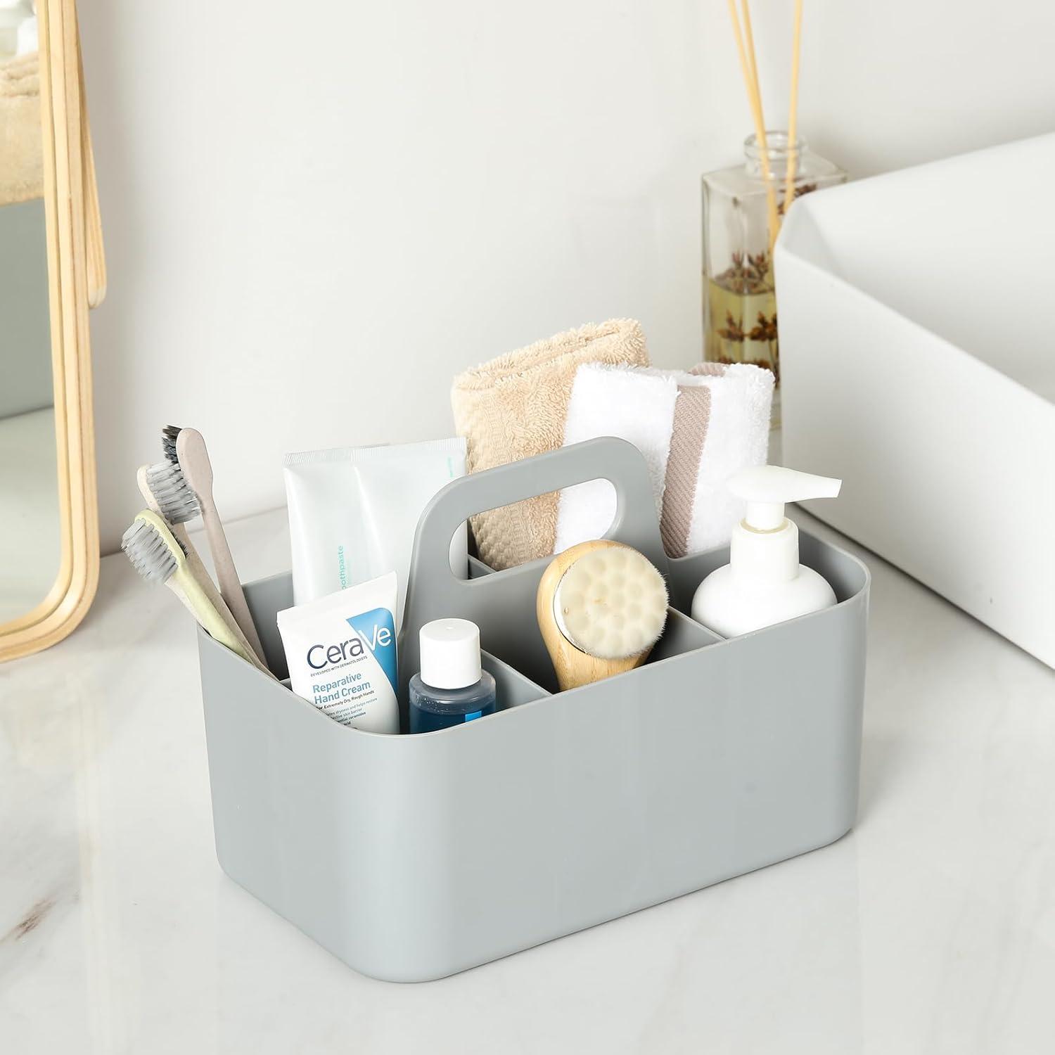 Multiuse Caddy Organizer with Handle - Stackable Plastic Bin Basket - Divided Storage Tote Holder for Art Craft Supplies, Makeup, Bathroom, Shower, Cleaning, Kitchen, Office, Dorm, Desktop - White