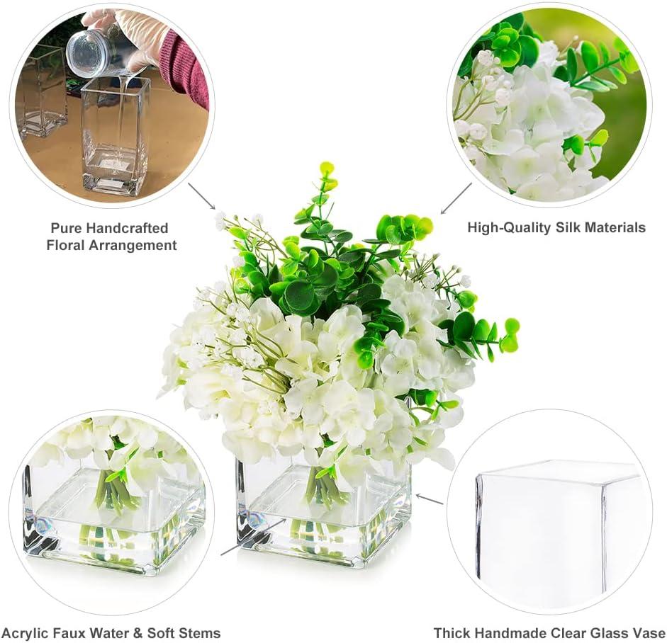 ENOVA FLORAL Faux Hydrangea Flowers with Vase, Mixed Fake Hydrangea Flowers and Greenery in Vase with Faux Water for Dining Table Decoration, Wedding Centerpieces