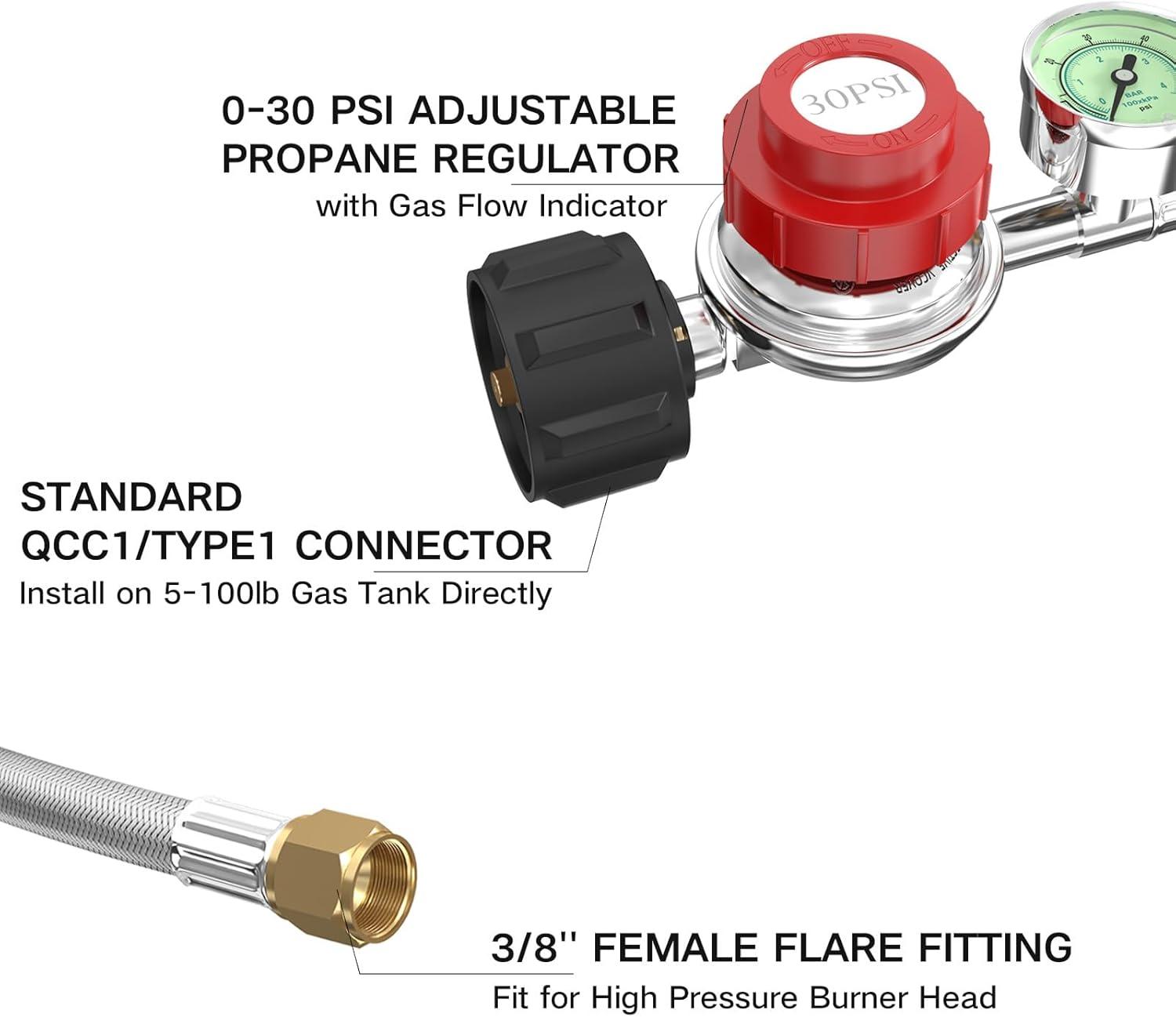 Gaspro 12ft 0-30 PSI Adjustable Propane Regulator with Gauge Stainless High Pressure Propane Hose with Regulator and  3/8" Female Connector