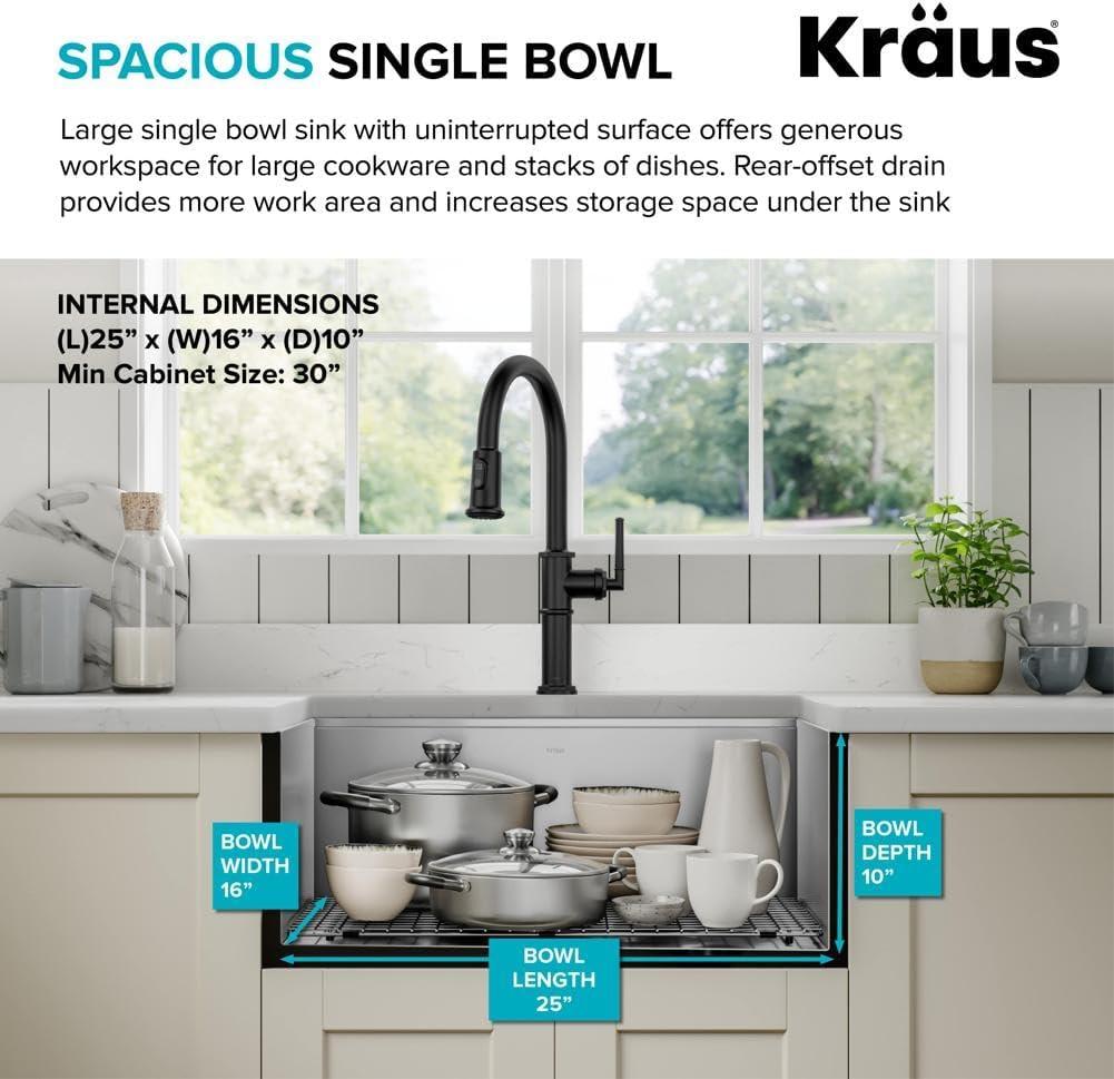 KRAUS Kore™ 27" L Farmhouse Apron Front Workstation 16 Gauge Stainless Steel Single Bowl Kitchen Sink with Accessories