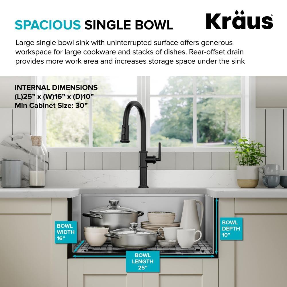 KRAUS Kore™ 27" L Farmhouse Apron Front Workstation 16 Gauge Stainless Steel Single Bowl Kitchen Sink with Accessories