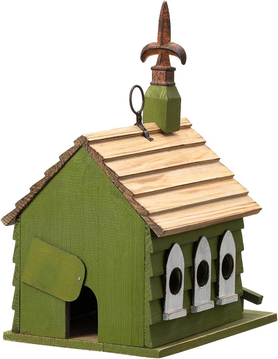 Green Hand Painted Wood Birdhouse with Distressed Details