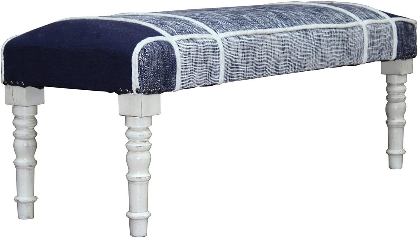 LR Home Farmhouse Cotton Upholstered Indoor Accent Bench, Blue