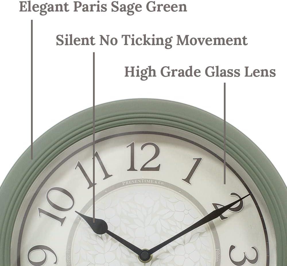 PresenTime & Co 12.6" Indoor Luminous Clock, Silent no ticking, Paris sage green, Lighted Clock with Smart Sensor to turn on/off lights in Low/bright light.