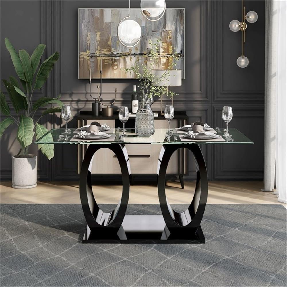 Bowery Hill Wood Contemporary Tempered Glass Top Dining Table in Black