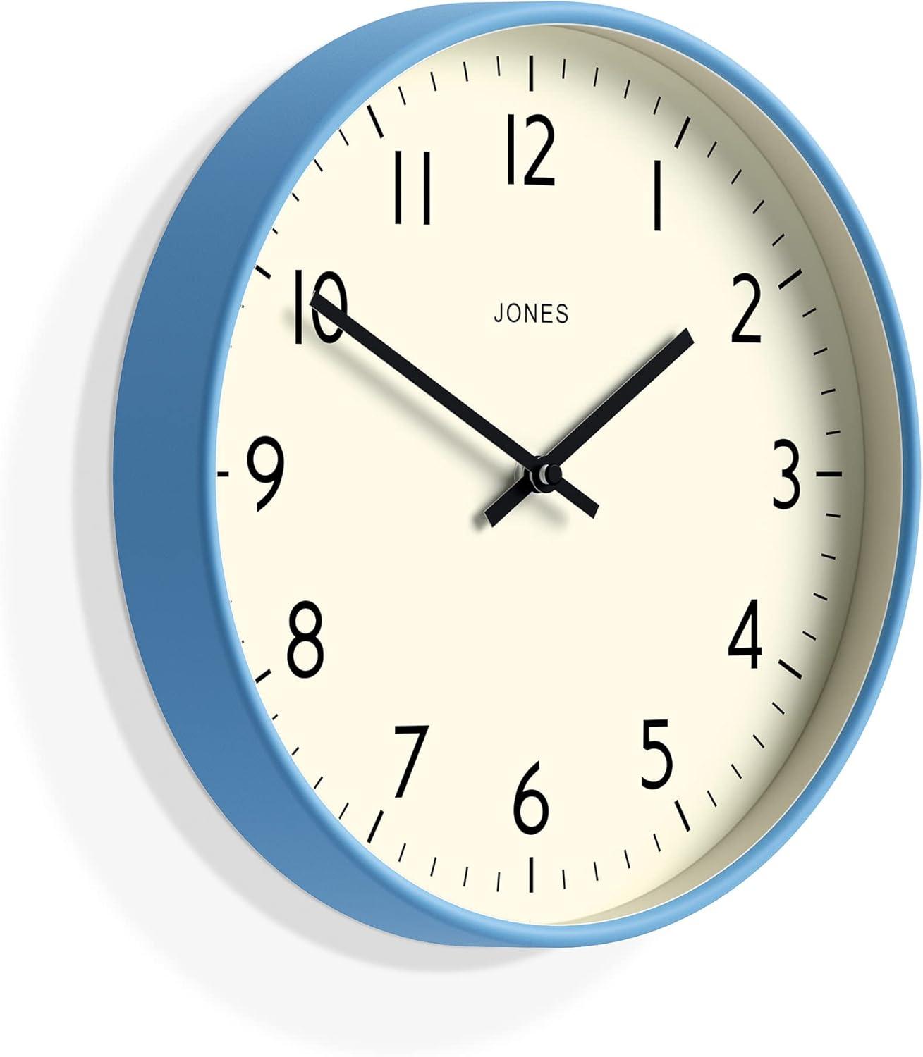 JONES CLOCKS® Studio Wall Clock | Modern Round Clock | 12 inch | Mid Blue | Easy to Read Numbers | Versatile Design for Kitchen, Living Room or Office