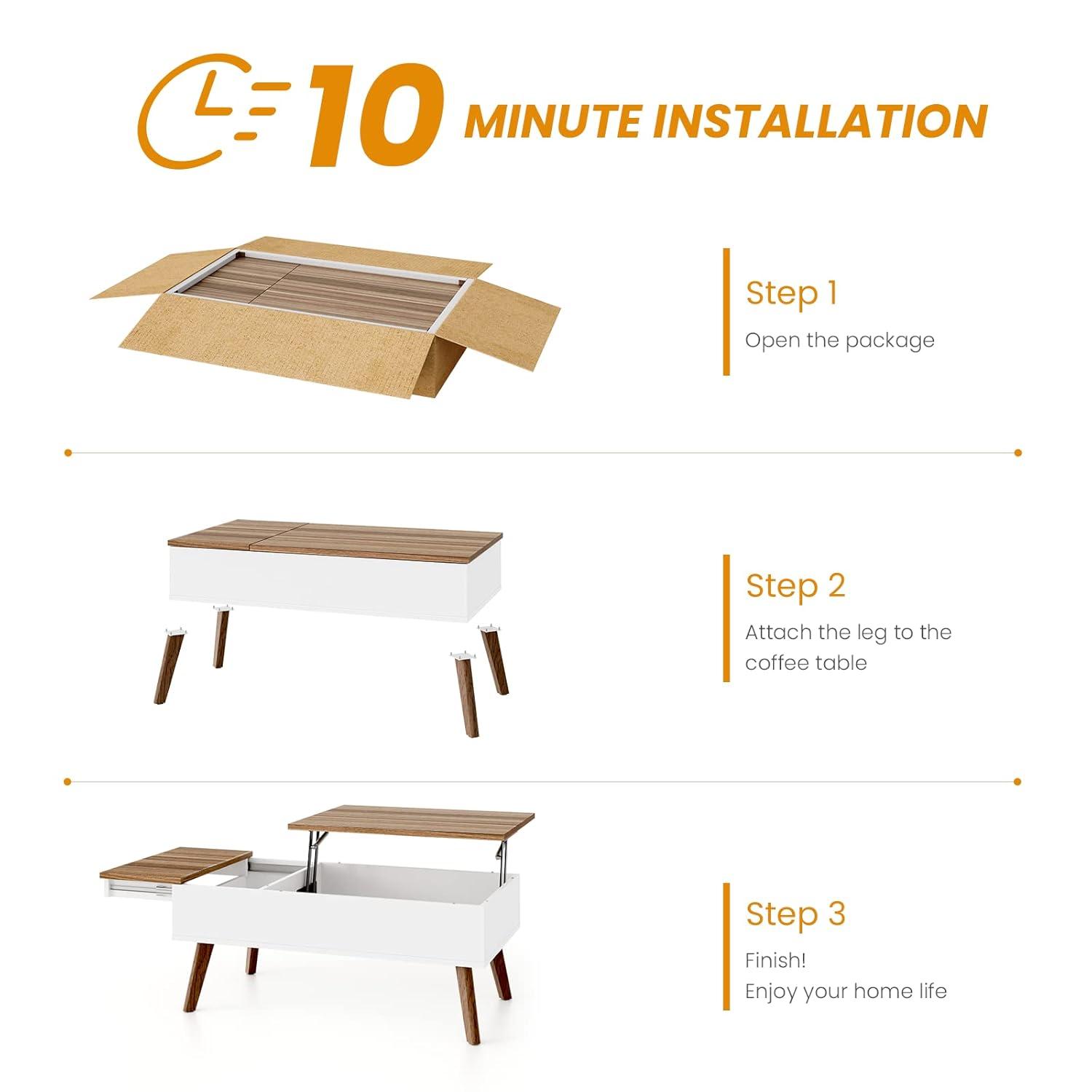 Lift Top Coffee Table, Ten Minute Install Table Center with Hidden Storage Compartments, Rising Tabletop Dining for Living Room，Walnut