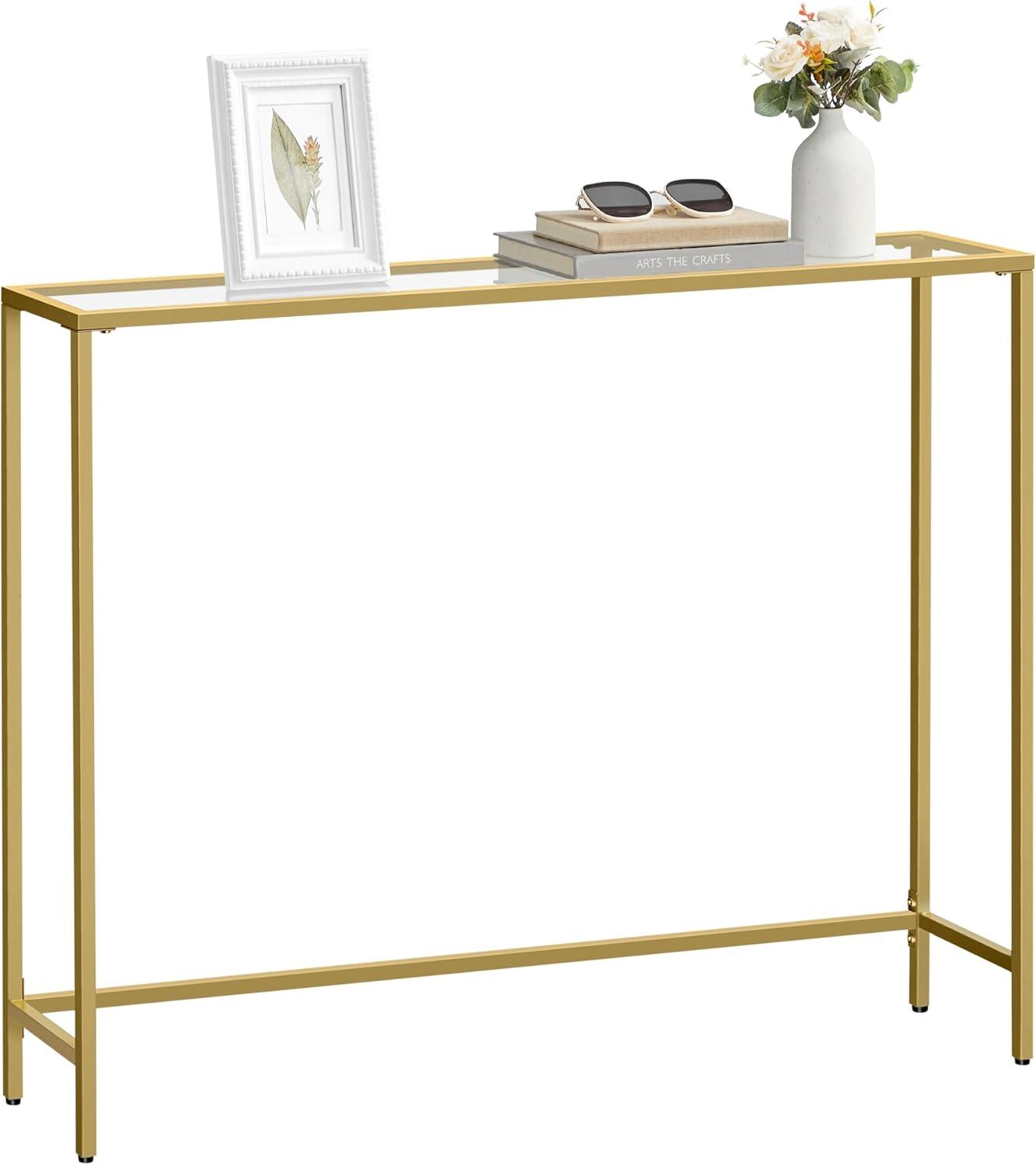 VASAGLE Console Sofa Table, Modern Entryway Table, Tempered Glass Table, Metal Frame 13.8 x 39.4 x 31.5 inches Gold
