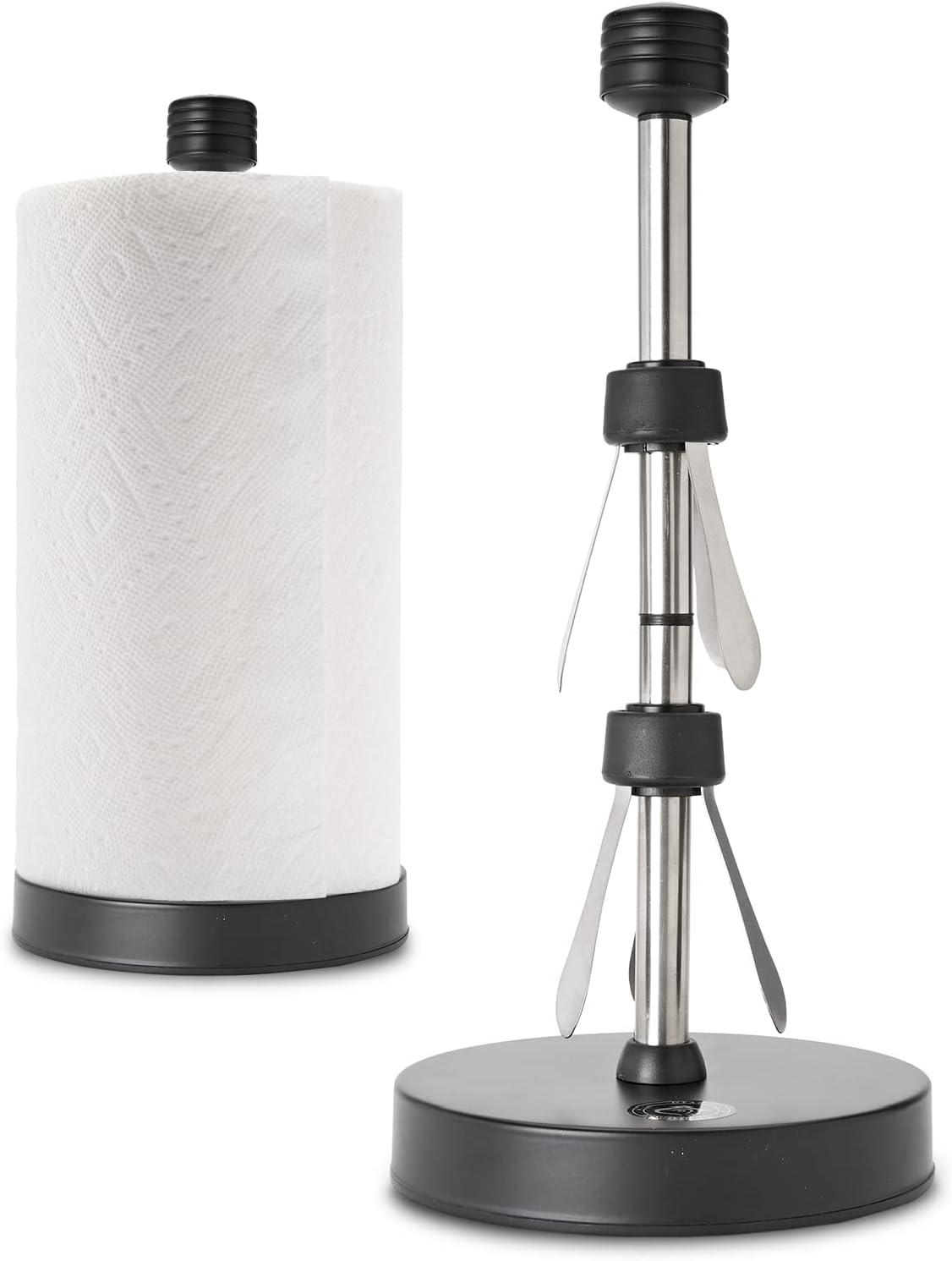 Stainless Steel Black Paper Towel Holder Designed for Easy One-Handed Operation - This Sturdy Weighted Paper Towel Dispenser Countertop Model Has Suction Cups and Holds Paper Towel Rolls of All Sizes