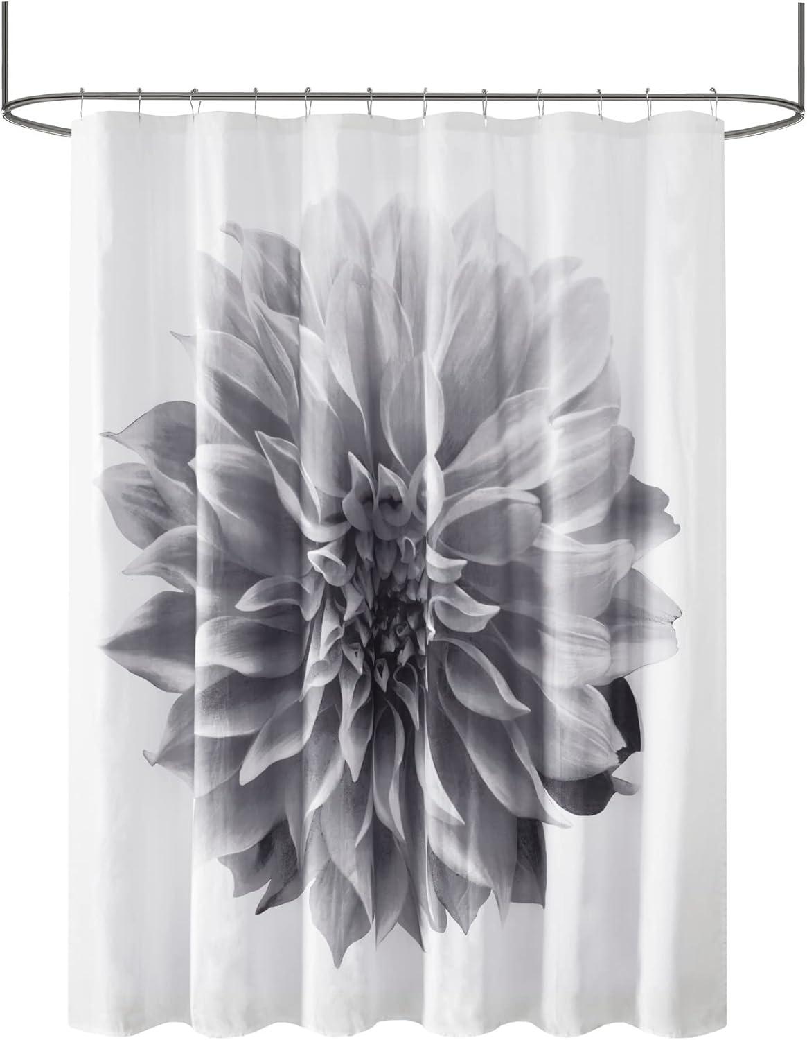 Grey Floral Cotton Shower Curtain, 72x72 Inches