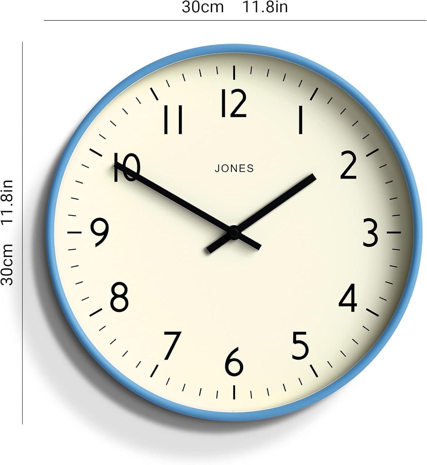 JONES CLOCKS® Studio Wall Clock | Modern Round Clock | 12 inch | Mid Blue | Easy to Read Numbers | Versatile Design for Kitchen, Living Room or Office