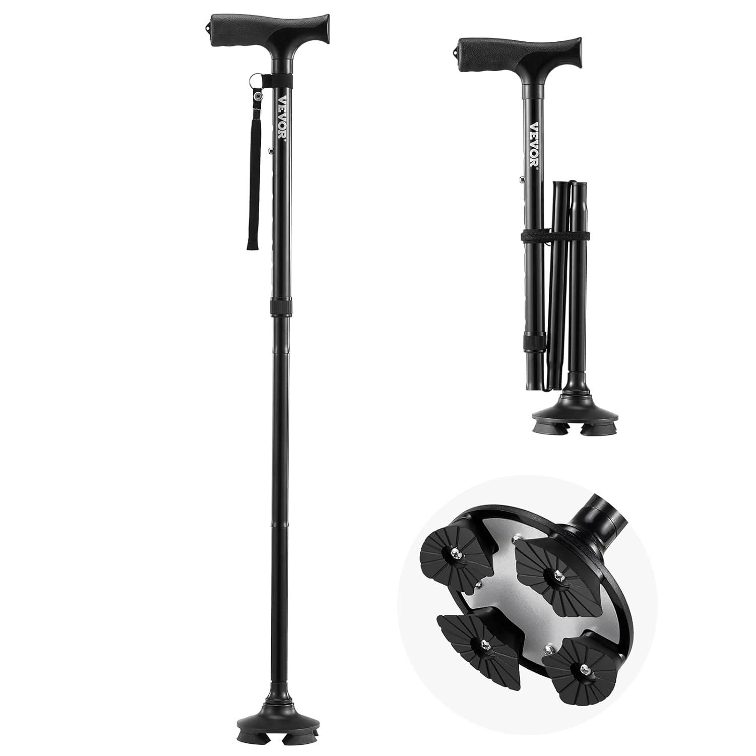 VEVOR Walking Cane for Man Woman, Folding Walking Stick with 8-Level Adjustable Height, 4-Pronged Pivoting Base, Lightweight & Portable Aluminum Mobility Aid for Seniors Adults, 250LBS Loading(Black)