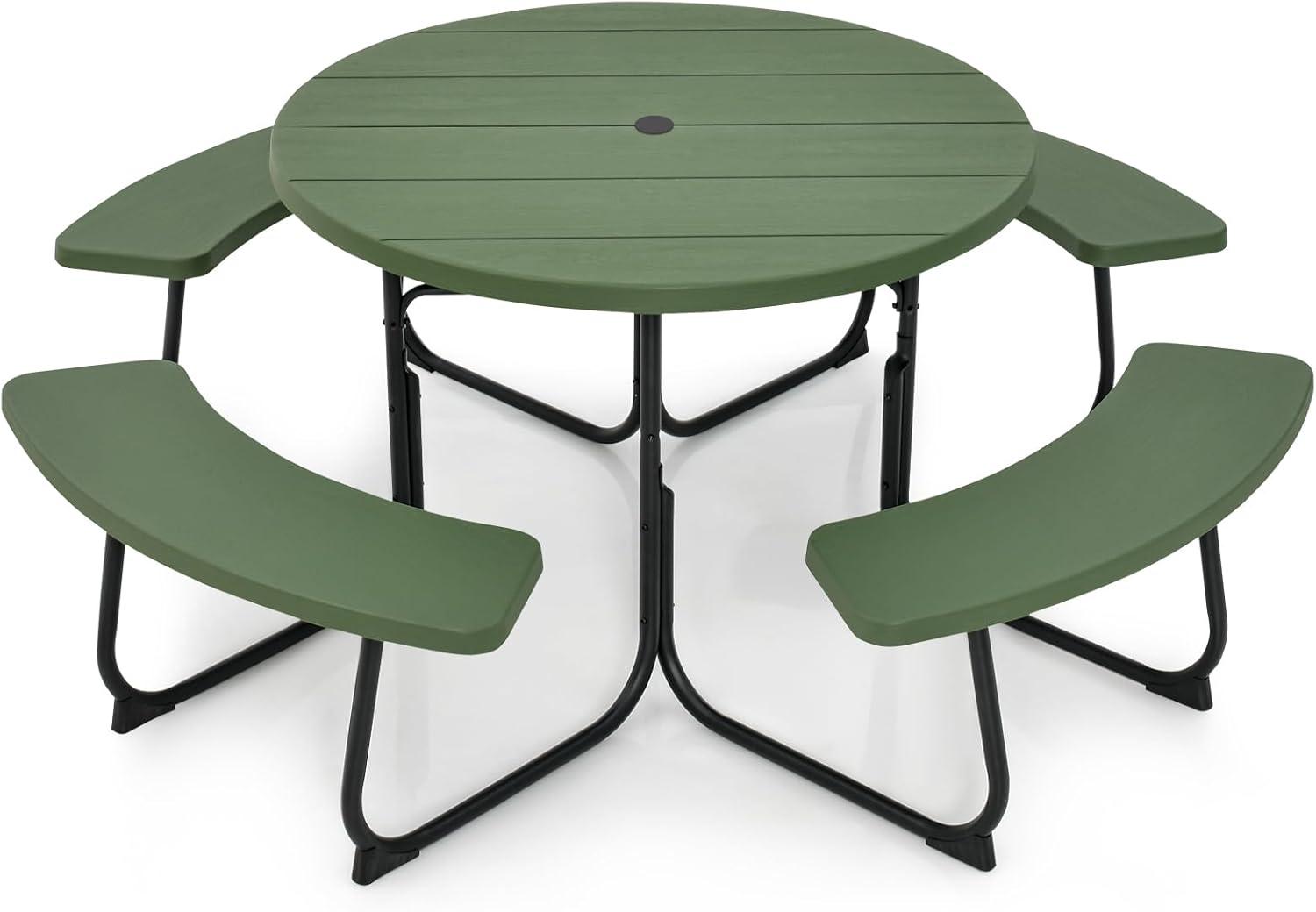 Costway Outdoor 8-person Round Picnic Table Bench Set with 4 Benches & Umbrella Hole Green