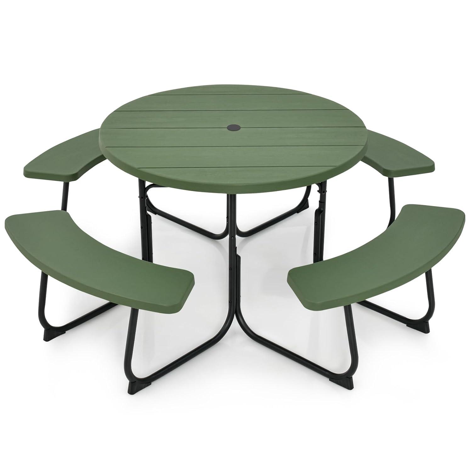 Costway Outdoor 8-person Round Picnic Table Bench Set with 4 Benches & Umbrella Hole Green