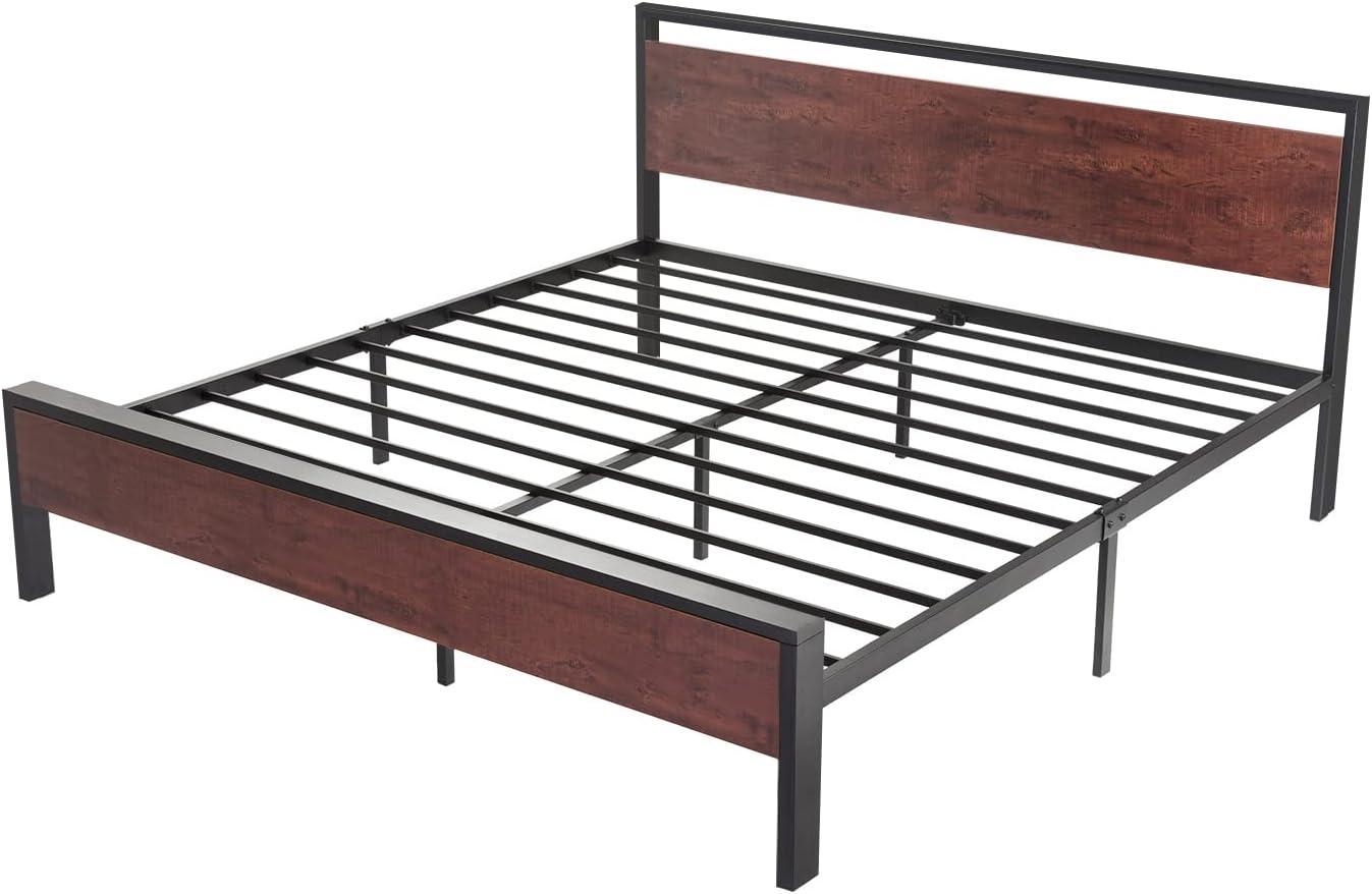 King Size Mahogany and Black Metal Platform Bed with Wood Headboard