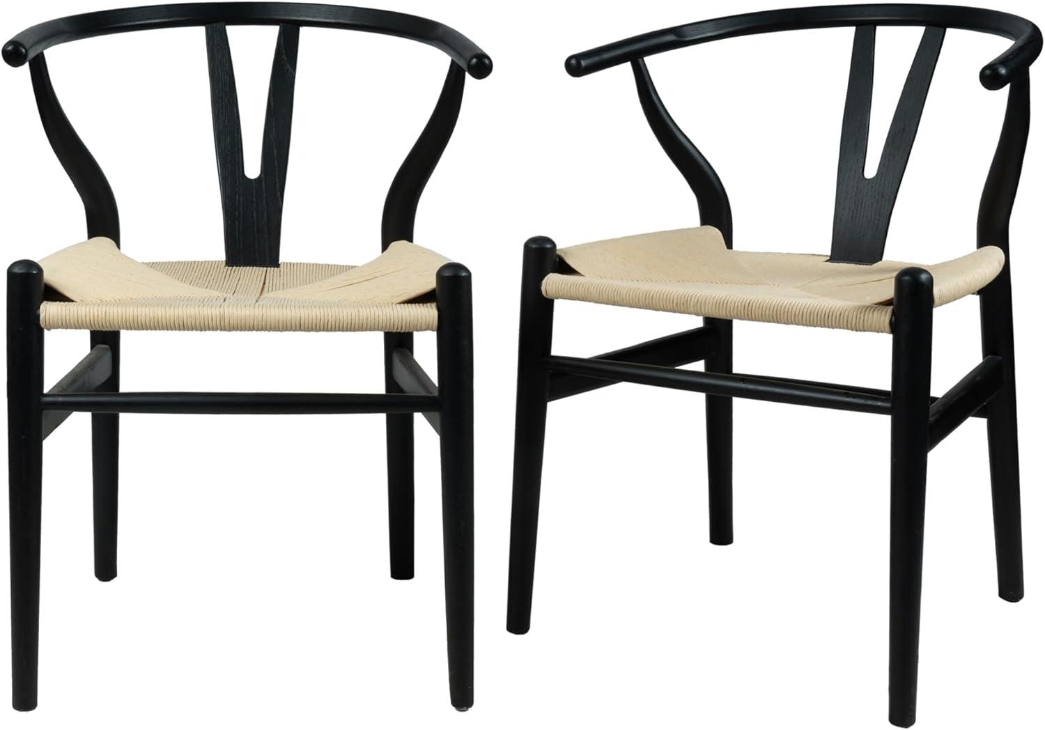 2xhome Set of 2 Wishbone Solid Wood Armchairs with Arms Open Y Back Farmhouse Dining Office Chairs with Woven Black Seat, Black