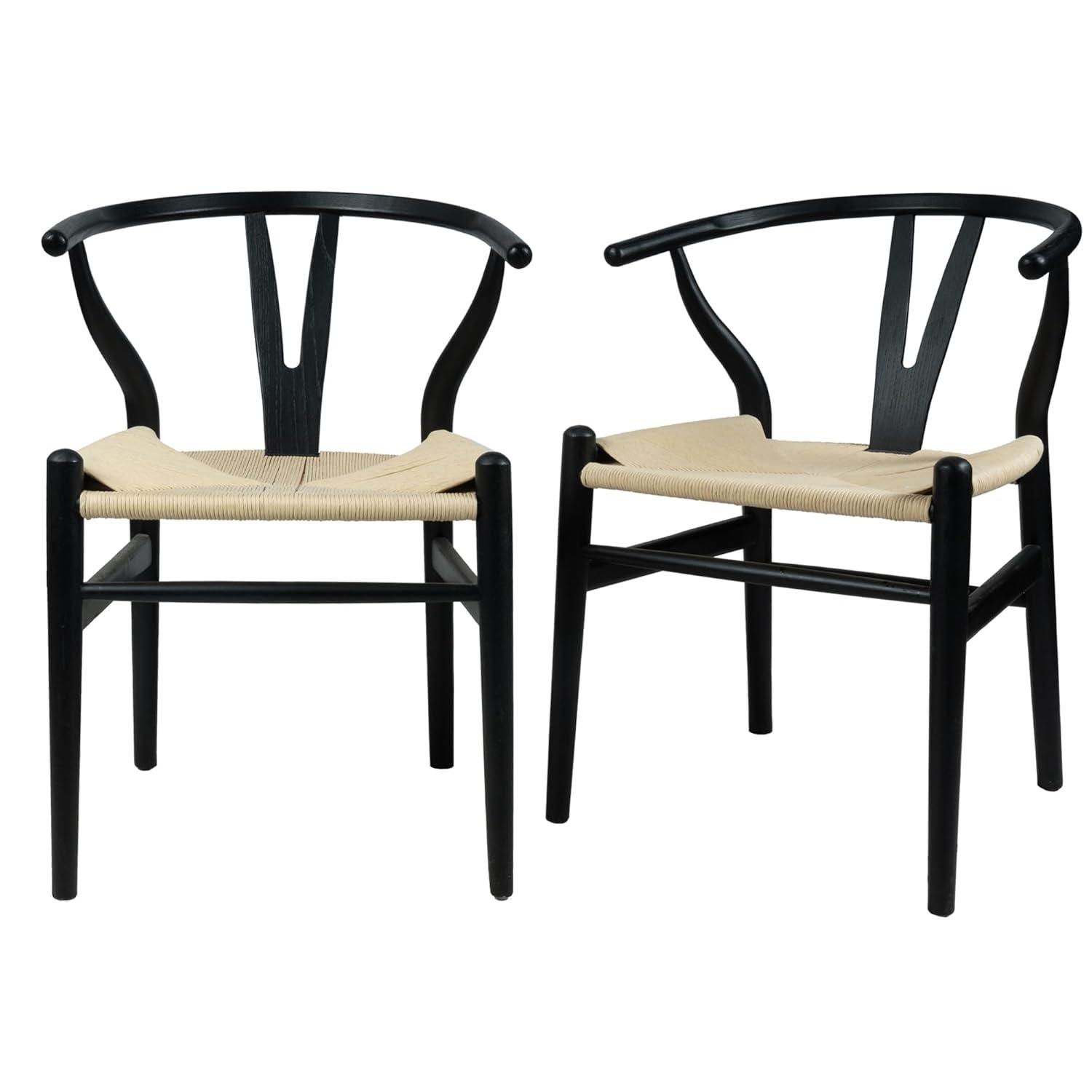 2xhome Set of 2 Wishbone Solid Wood Armchairs with Arms Open Y Back Farmhouse Dining Office Chairs with Woven Black Seat, Black