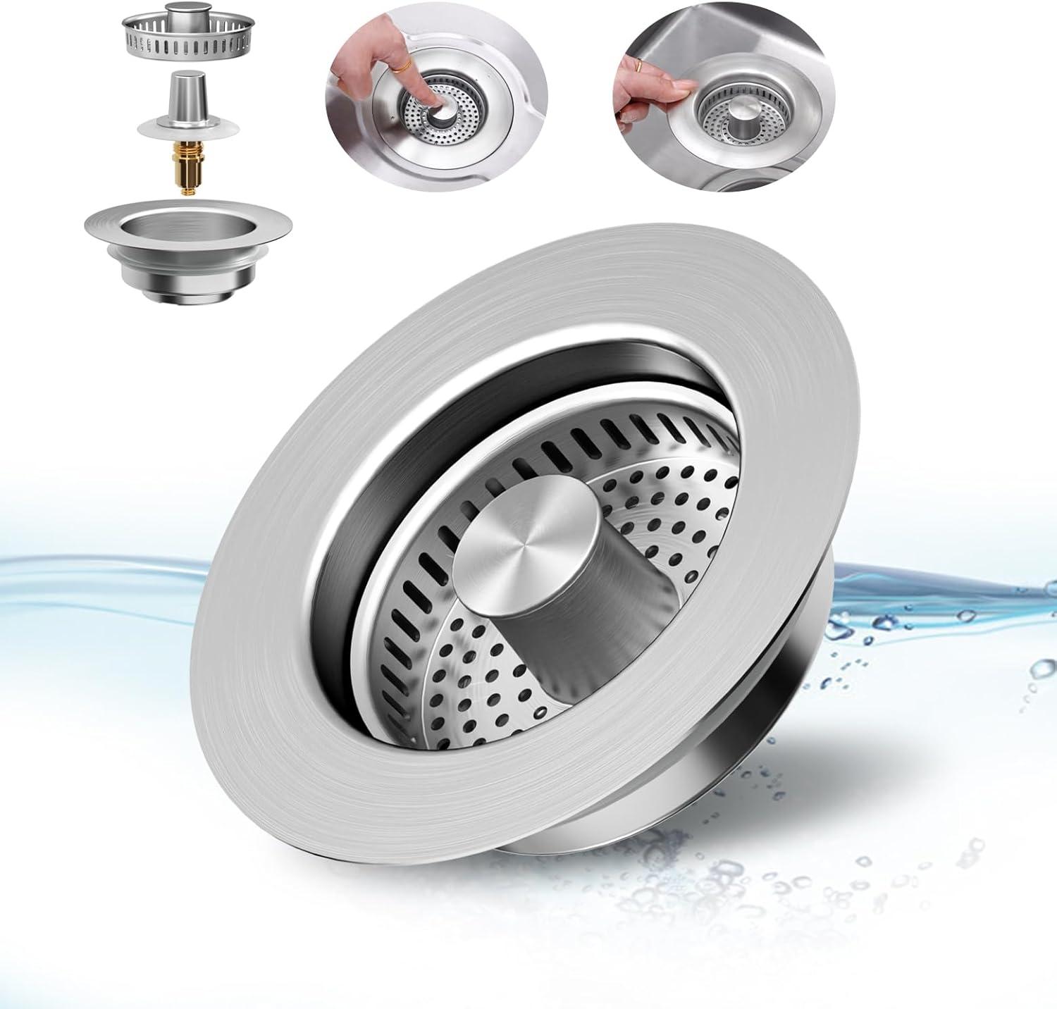 Upgraded 3 in 1 Kitchen Sink Drain Strainer,Anti-Clogging Sink Food Catcher Basket, Stainless Steel Pop-Up Kitchen Sink Stopper for US Standard 3-1/2 inch Kitchen Sink (Silver-1Pack)