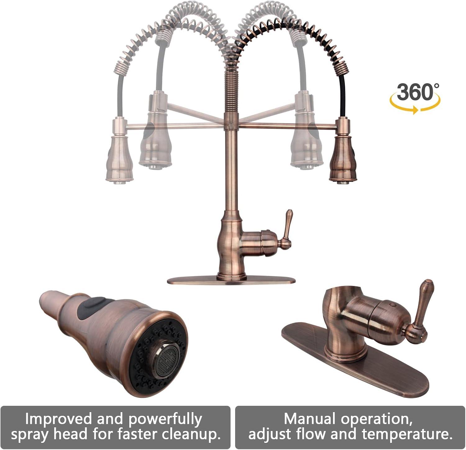Akicon Pre-Rinse Spring Kitchen Faucet, Single Level with Pull Down Sprayer Copper Copper Finish