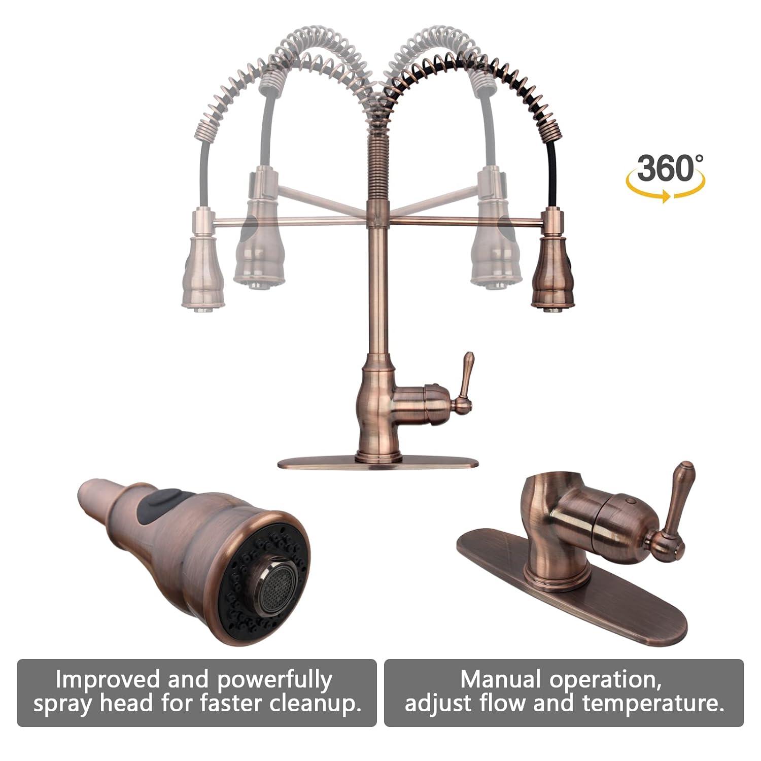Akicon Pre-Rinse Spring Kitchen Faucet, Single Level with Pull Down Sprayer Copper Copper Finish