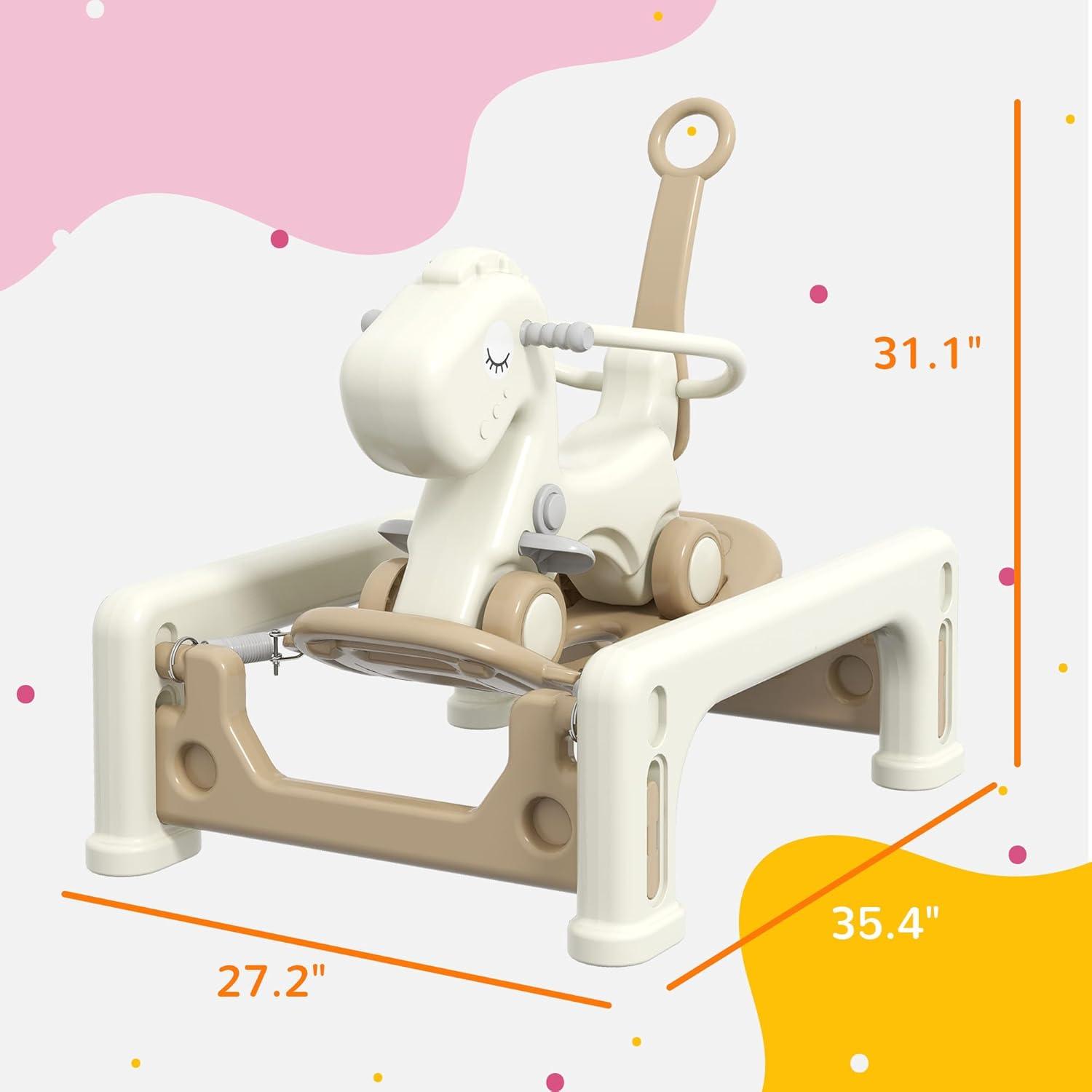 Qaba 5 in 1 Rocking Horse for Toddlers Years 1-6, Kids Spring Ride on Horse Balance Bike with Detachable Balance Board, Push Handle & Footrest for Baby Boys and Girls, Cream White