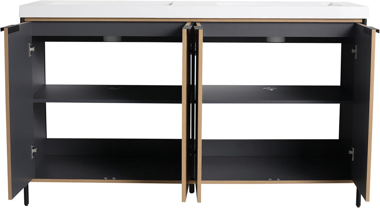SSLine 60" Bathroom Vanity with Double Sink Mid-Century Modern Bathroom Sink Cabinet Freestanding Bathroom Vanities with Double White Top Basin and Adjustable Storage Shelves, Natural Brown Stripe