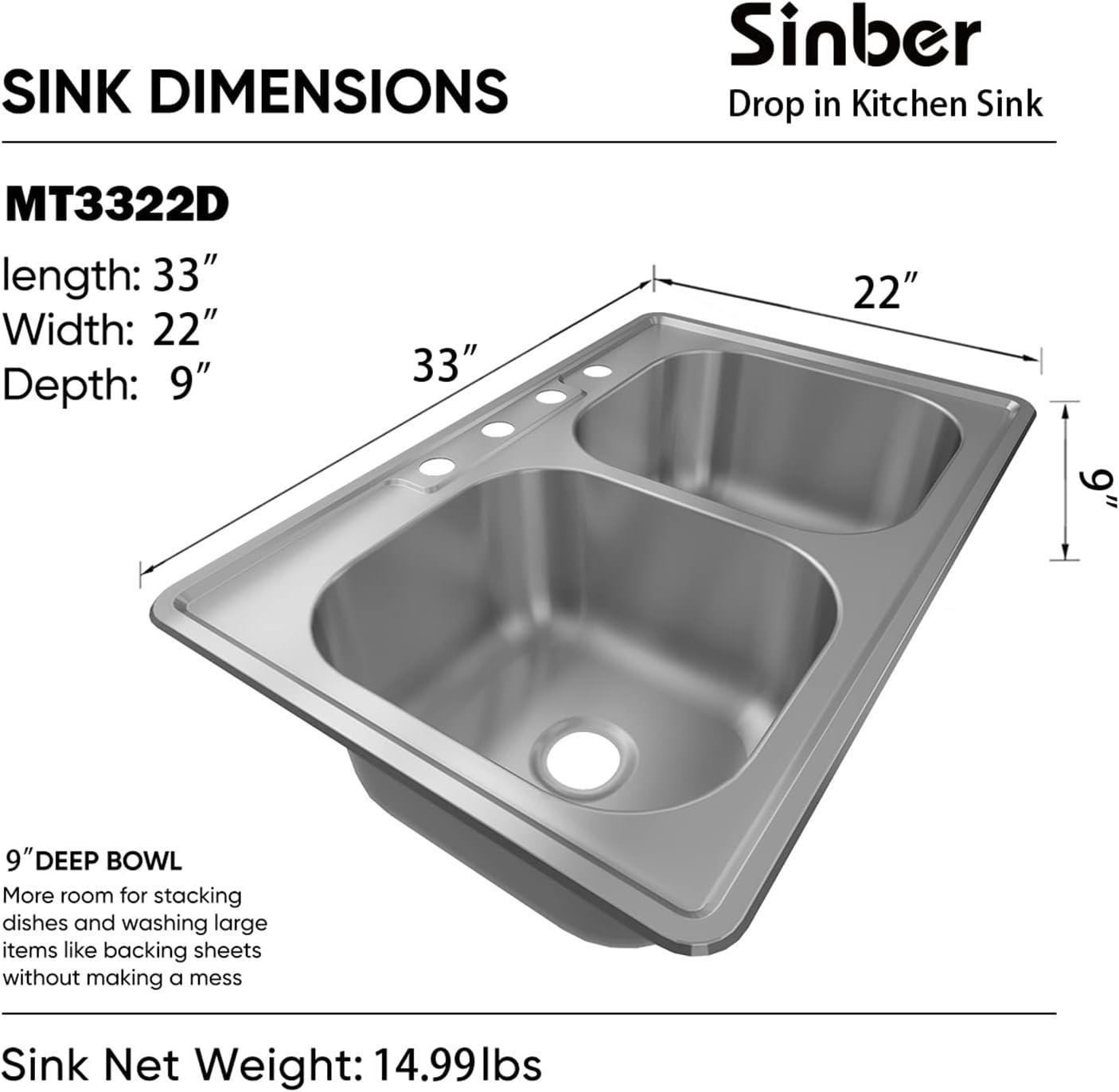 Sinber 33" x 22" x 9" Drop In Double Bowl Kitchen Sink with 18 Gauge 304 Stainless Steel Satin Finish MT3322D-OL (Sink Only)