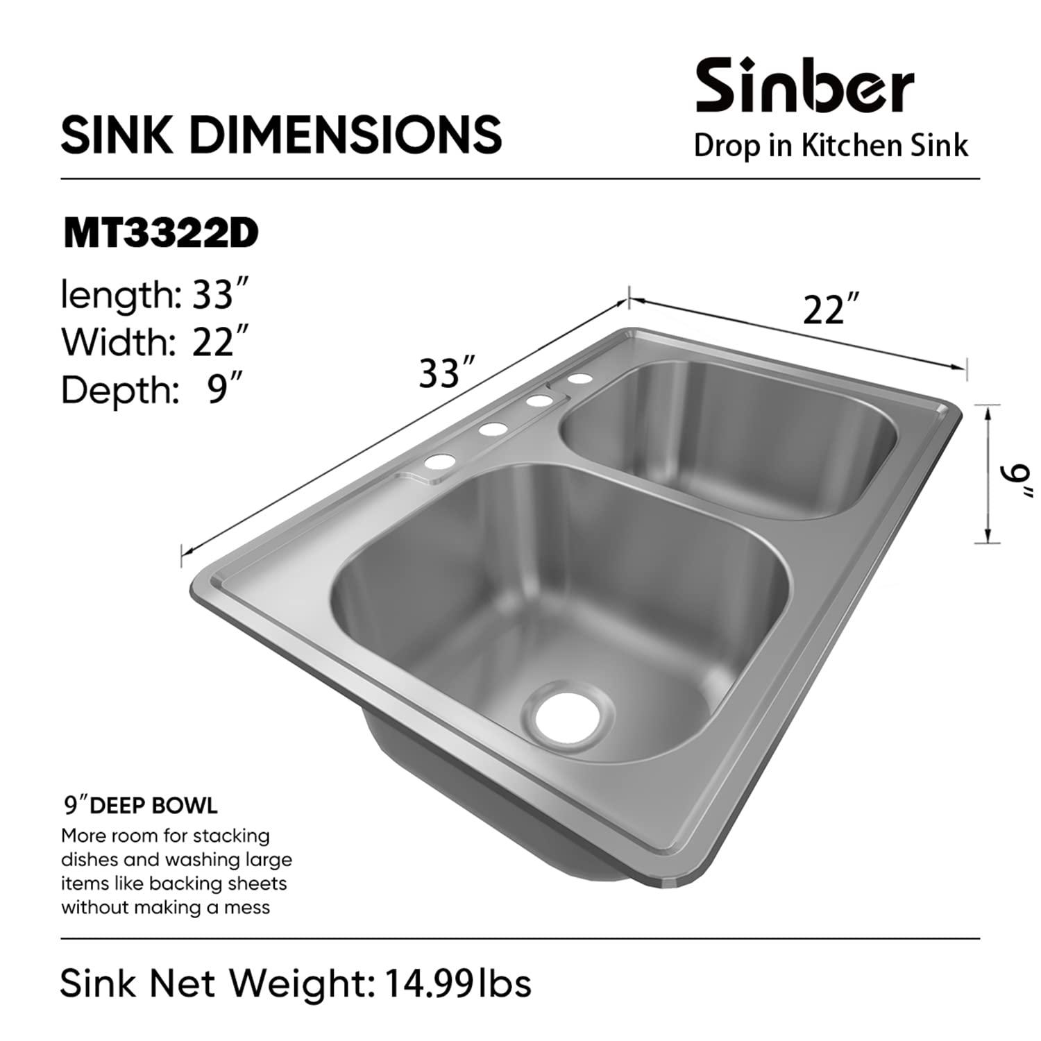 Sinber 33" x 22" Drop In Double Bowl Kitchen Sink with 18 Gauge 304 Stainless Steel Satin Finish