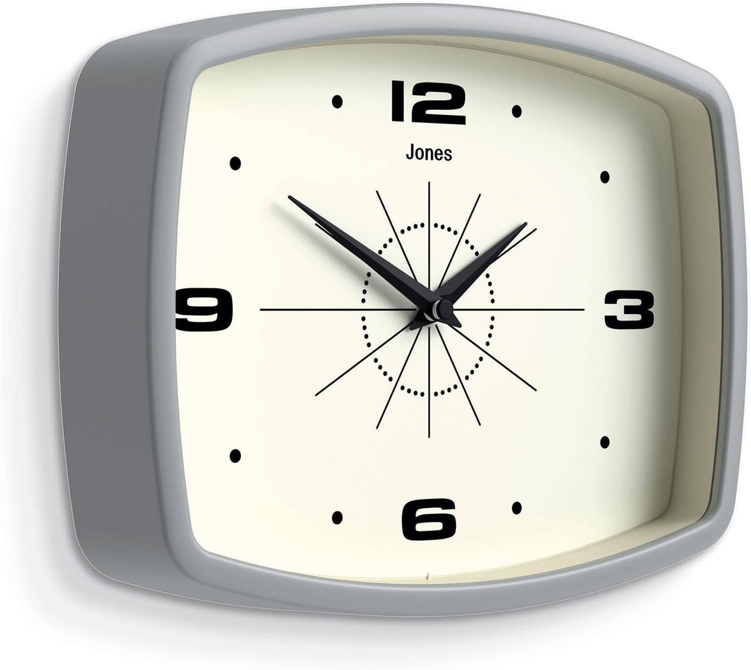 JONES CLOCKS® Movie Wall Clock | Rectangular Retro Clock | 10 inch | Grey | Cool mid-Century Designer Look for Kitchen, Living Room or Office