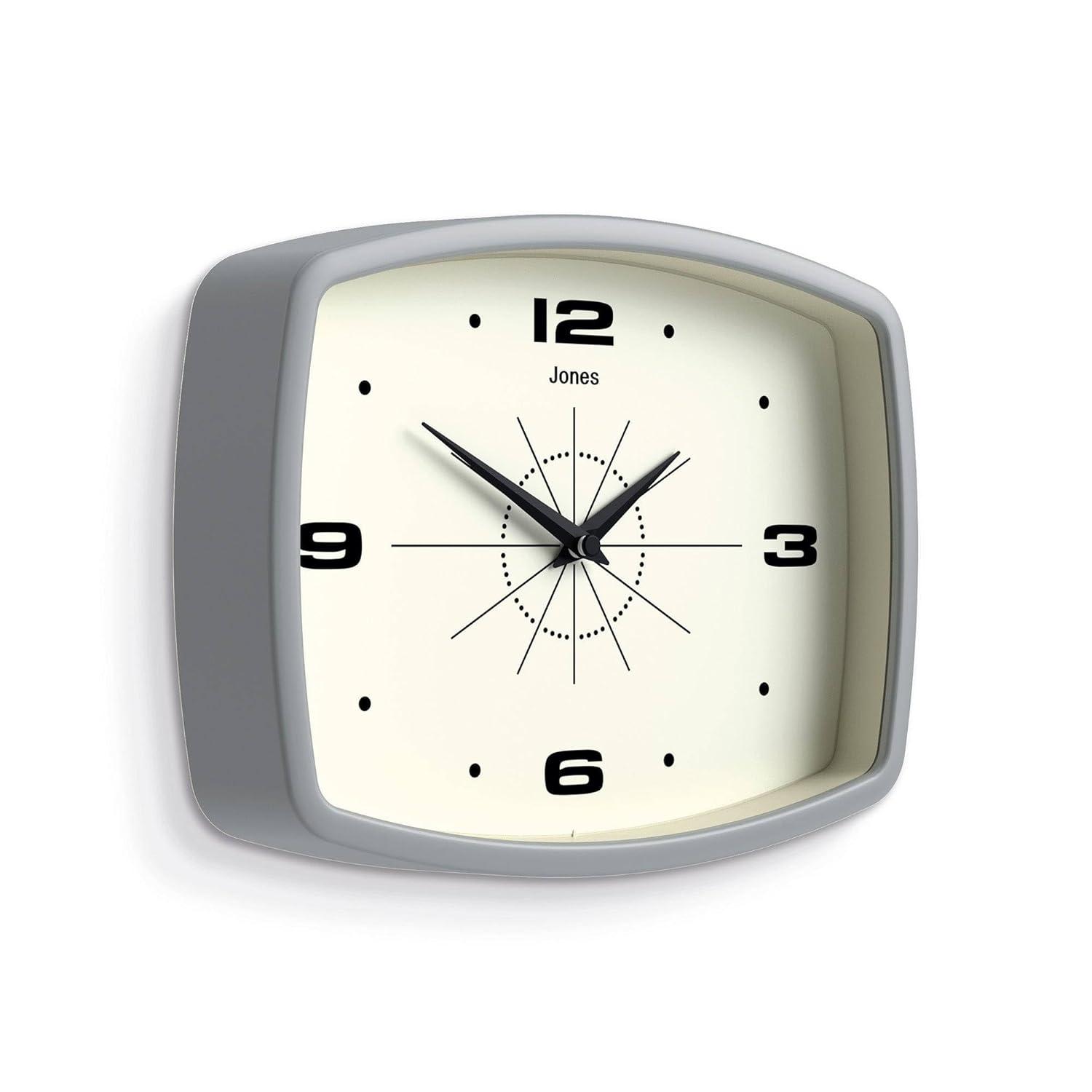 JONES CLOCKS® Movie Wall Clock | Rectangular Retro Clock | 10 inch | Grey | Cool mid-Century Designer Look for Kitchen, Living Room or Office