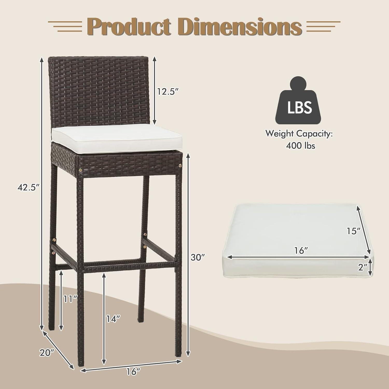 Kepooman Outdoor Bar Stool, 2 Pieces Patio Cushioned Wicker Barstools with Cozy Footrest-Set of 2