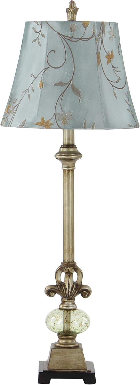 DecMode 32" Antique Style Floral Brass Buffet Lamp with Blue Linen Shade