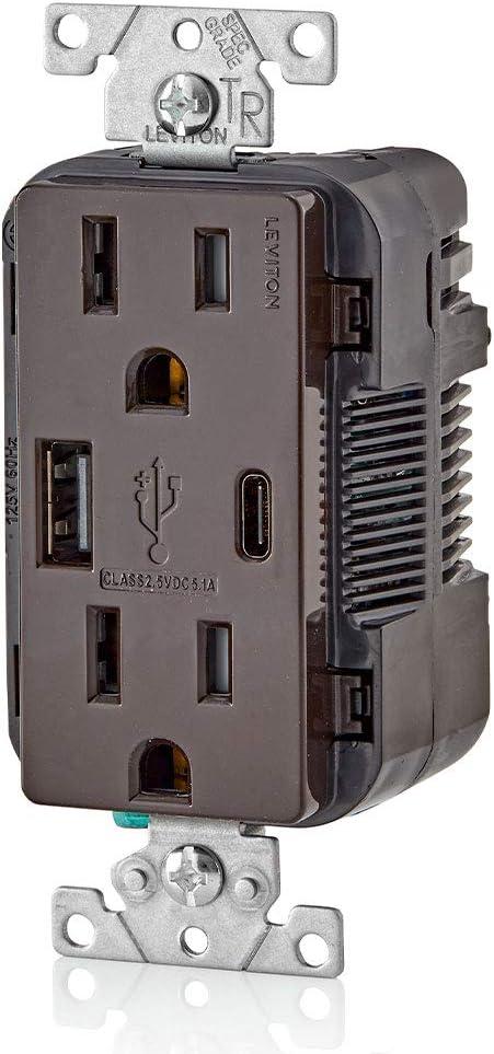Leviton T5633-B Decora USB Type-A/Type-C Wall Outlet Charger, 15A, Brown