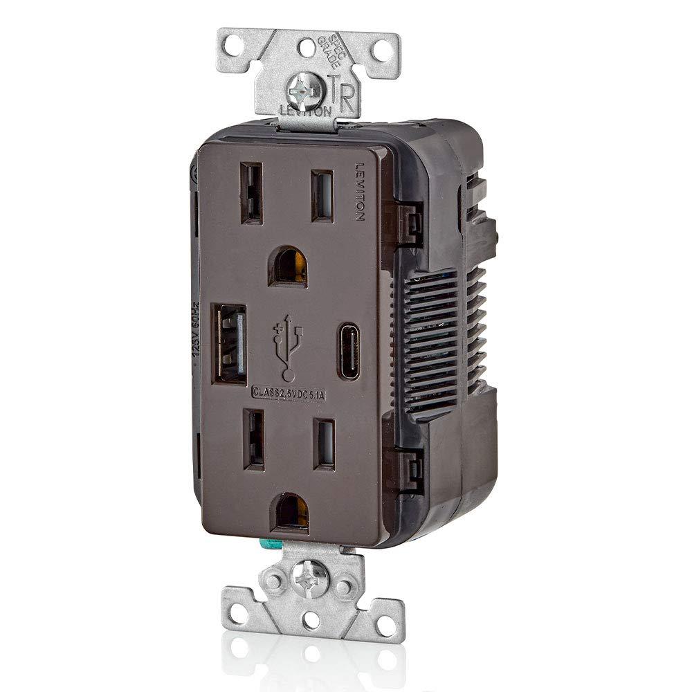 Leviton T5633-B Decora USB Type-A/Type-C Wall Outlet Charger, 15A, Brown