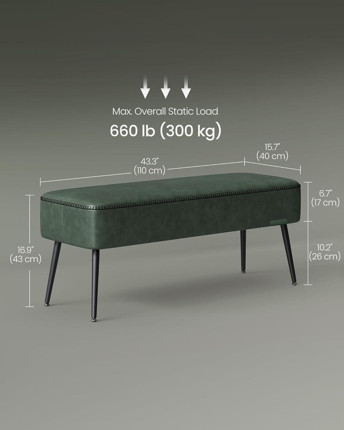 VASAGLE EKHO Collection - Storage Ottoman Bench Leather Entryway Bedroom Bench 15 Gallons for Bedroom Living Room Loads 660 lb Forest Green
