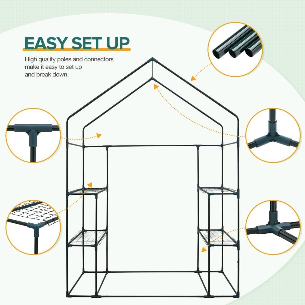 EAGLE PEAK 61'' x 28'' x 79'' Walk-in Greenhouse with 2 Tier 4 Shelves, Zipper Entry Door, and 2 Side Windows