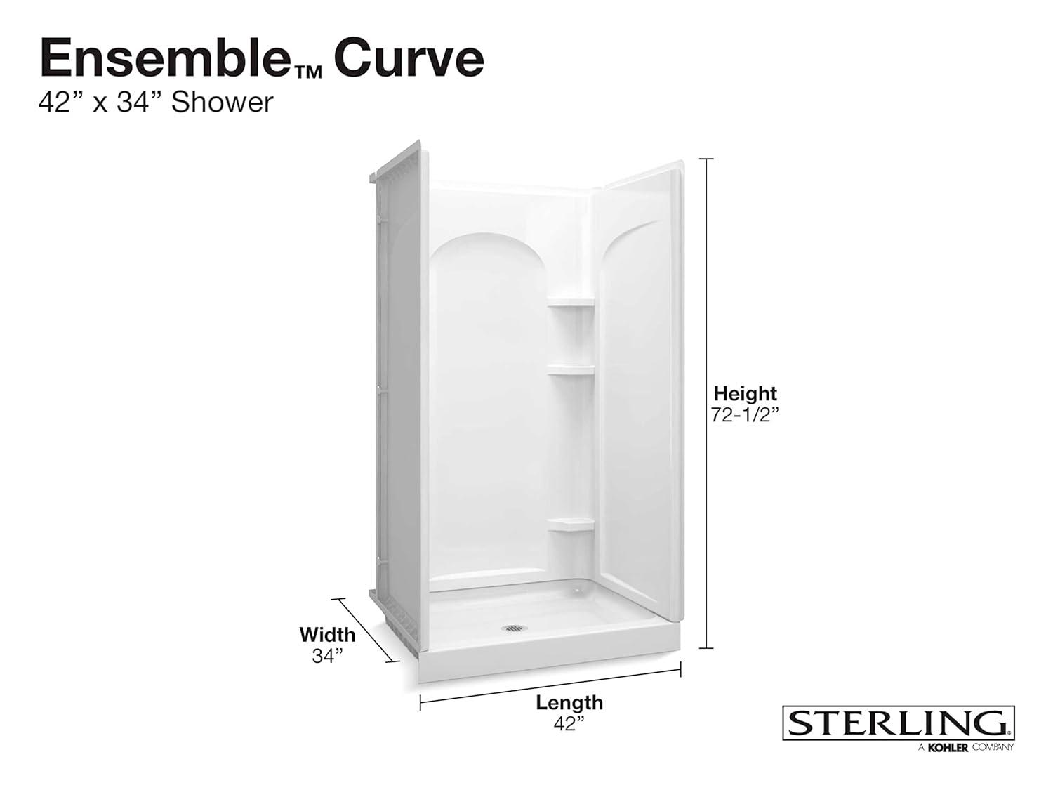 Ensemble Curve 34 in. x 42 in. x 77 in. Shower Wall and Base Kit with Center Drain in White