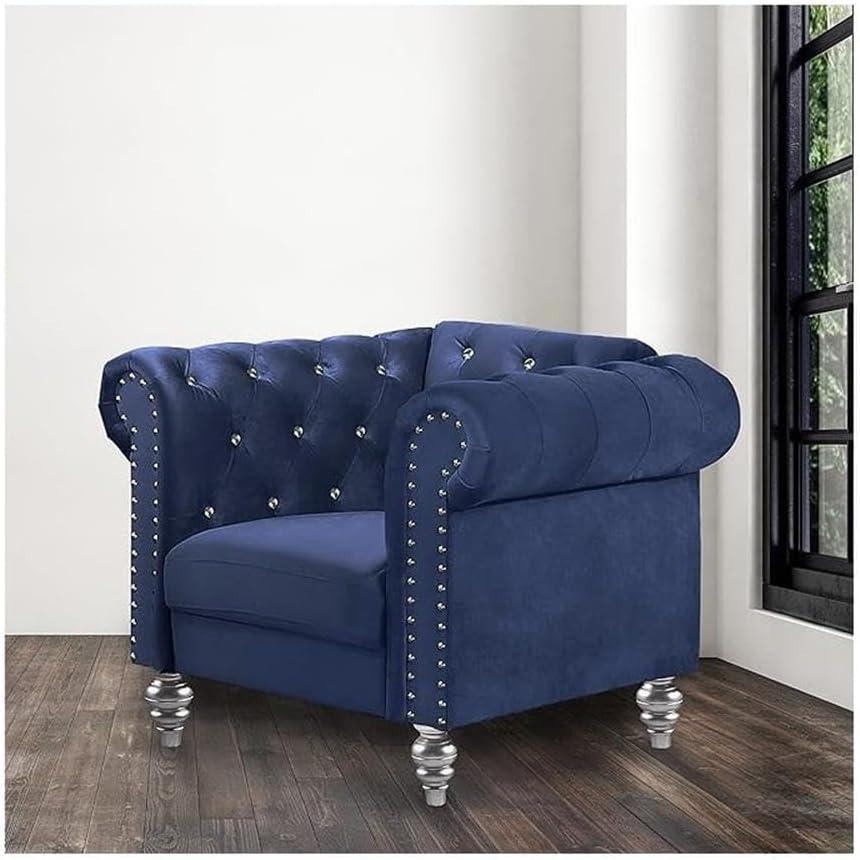 Royal Blue Velvet Tufted Accent Chair with Crystal Buttons