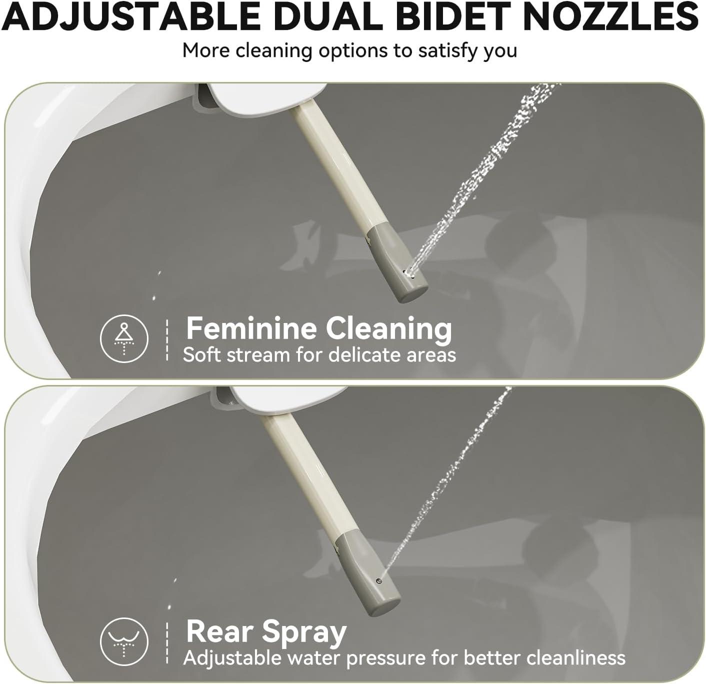 Unplugged Elongated Bidet Seat with Dual Stainless Nozzle and Adjustable Water Pressure