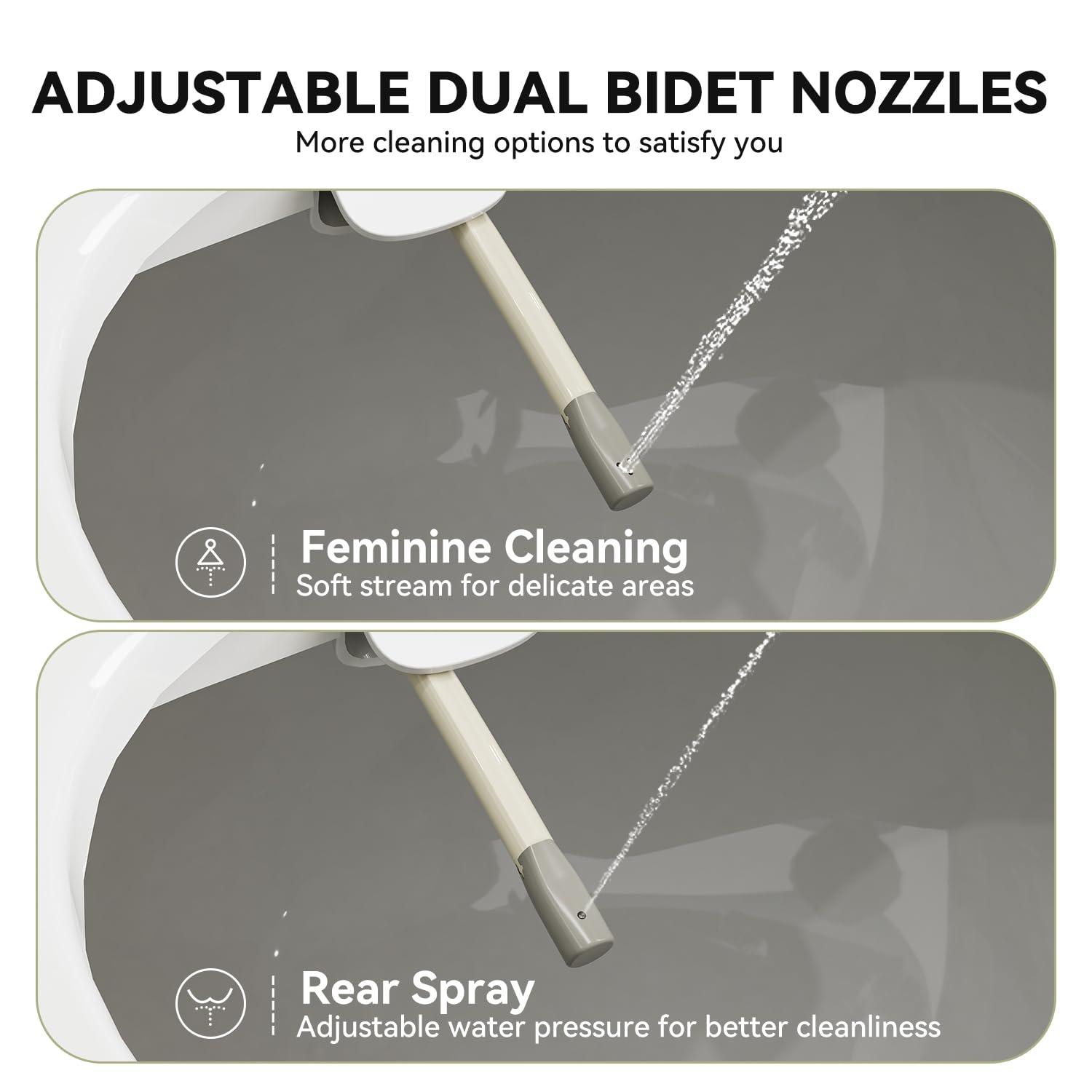 Unplugged Elongated Bidet Seat with Dual Stainless Nozzle and Adjustable Water Pressure