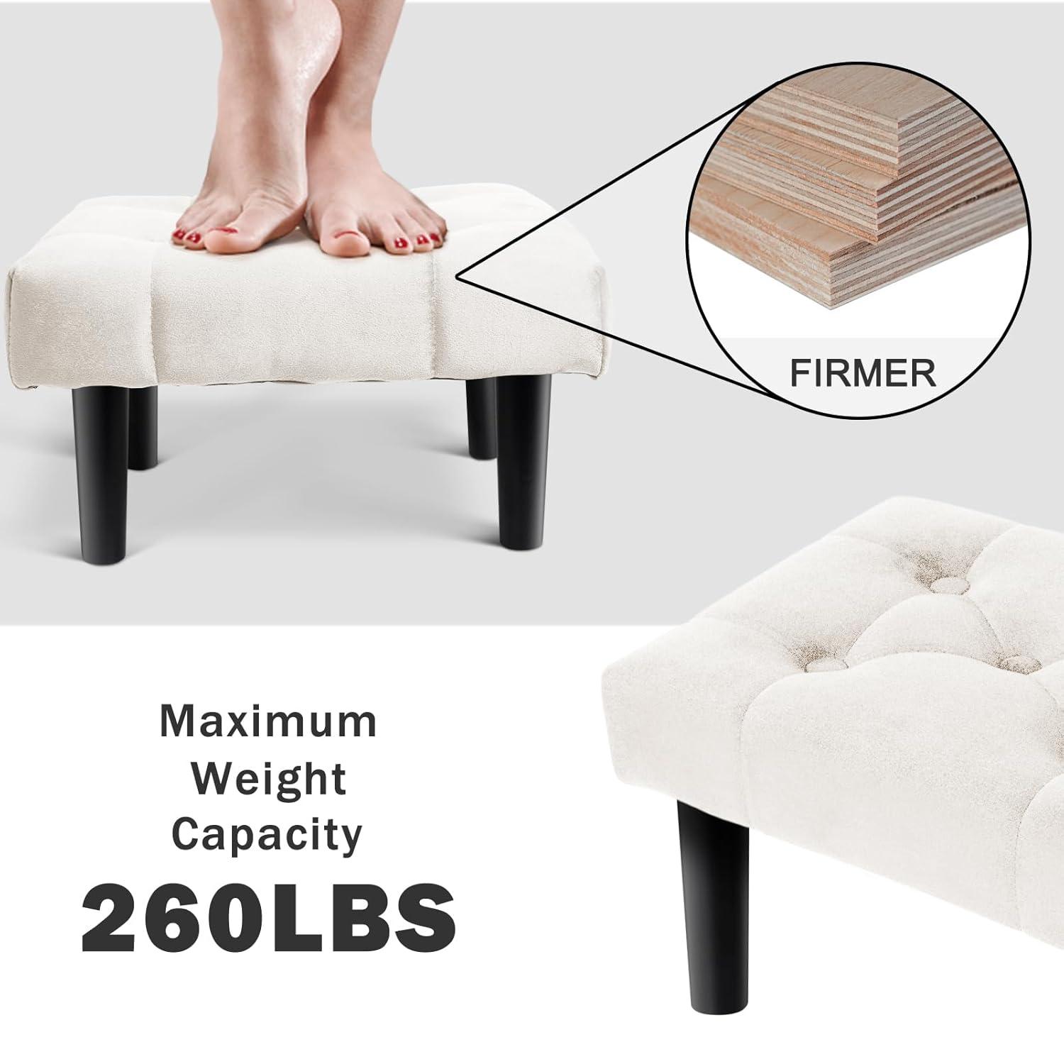 HOUCHICS Small Footstool Ottoman,Velvet Soft Footrest Ottoman with Wood Legs,Sofa Footrest Extra Seating for Living Room Entryway Office(White 1PACK)
