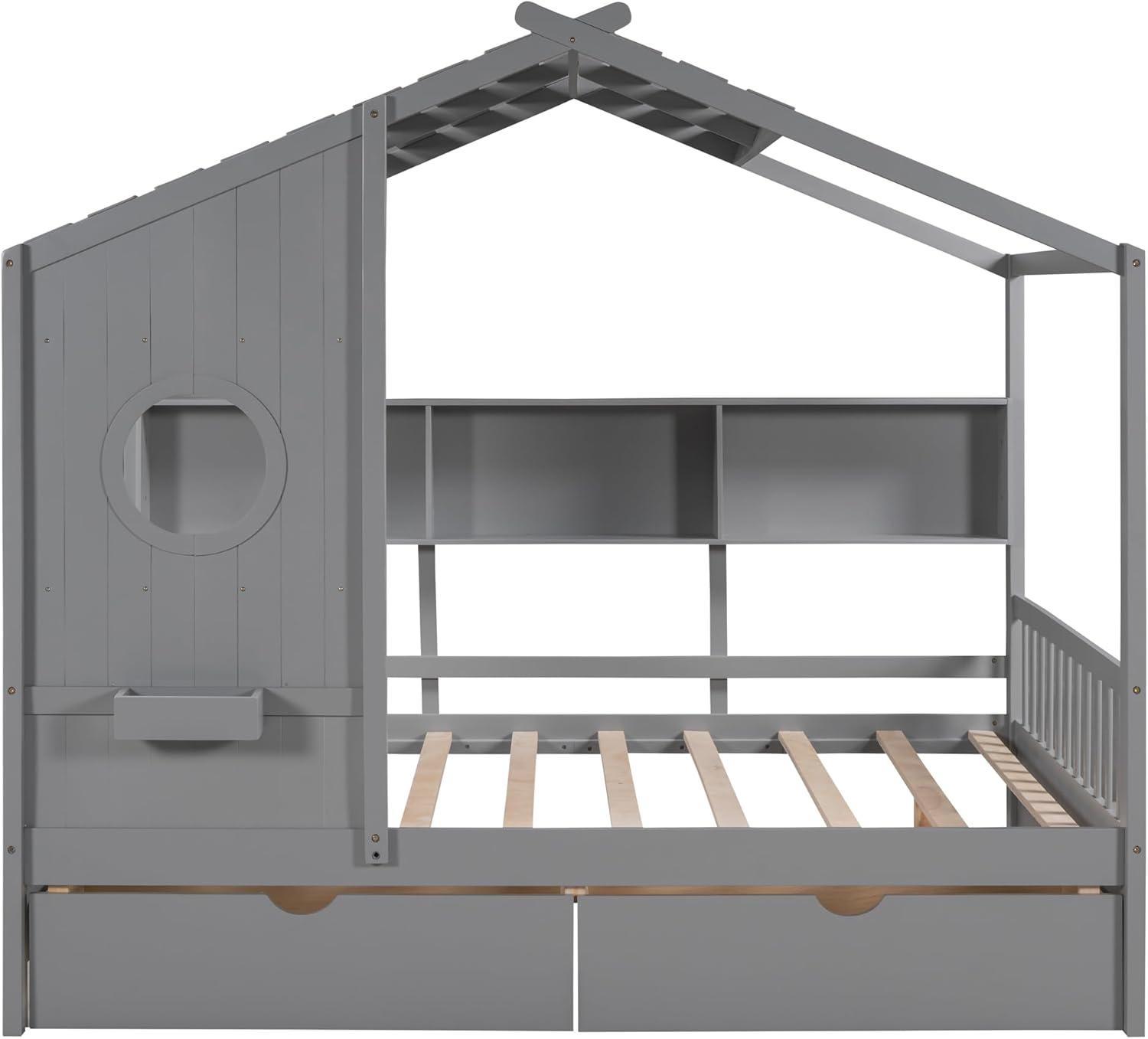 Harper & Bright Designs Wooden Full Size House Bed Frame with 2 Drawers for Boys Girls Kids Toddler,Kids Bed with Storage Shelf, White