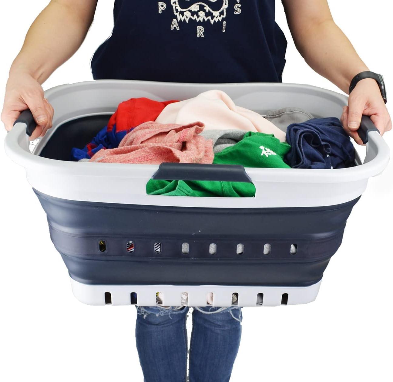 SAMMART 30L (8 gallon) Collapsible 3 Handled Plastic Laundry Basket, Grey/Slate Grey