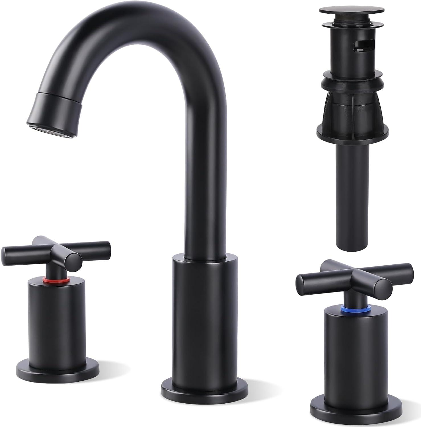 Matte Black Stainless Steel Widespread Bathroom Faucet with Pop-Up Drain