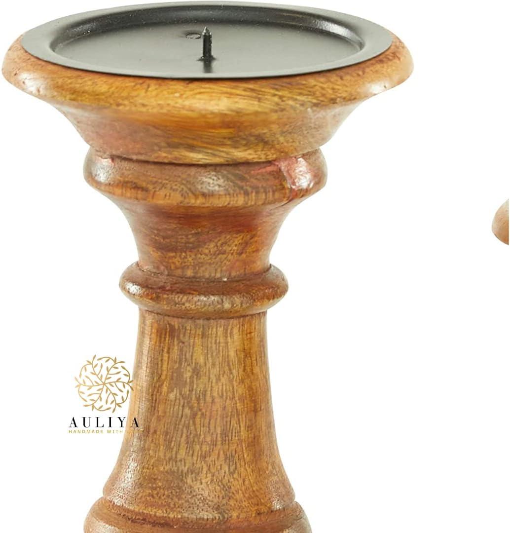 AULIYA Wooden Candle Holders Pillar Candles Holder Rustic Wood Stand Decorative Polish Candlestick Set of 3 for Home Decor - 6" 8" 10" Silver