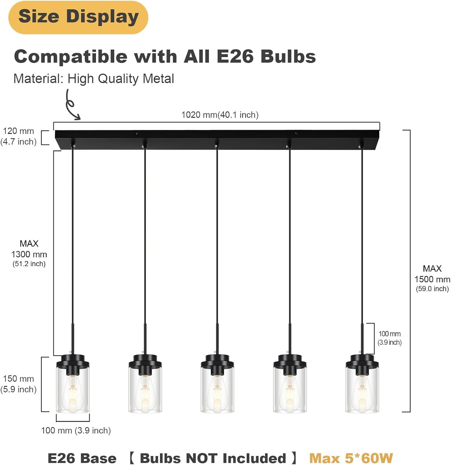 Black Metal and Clear Glass 5-Light Linear Chandelier