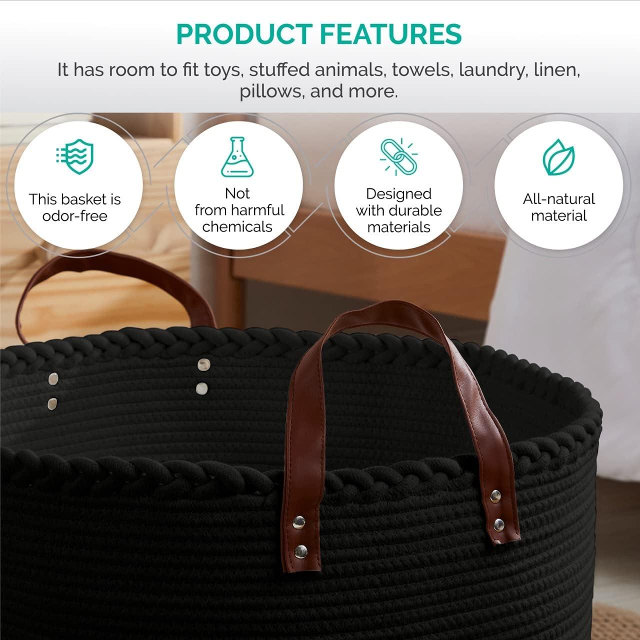 XLarge Round Cotton Rope Storage Basket Bin Organizer Laundry Hamper with Leather Handles, 21 x 21 x 14, Extra Large Blanket Woven Toy Basket for Baby Nursery - Cream