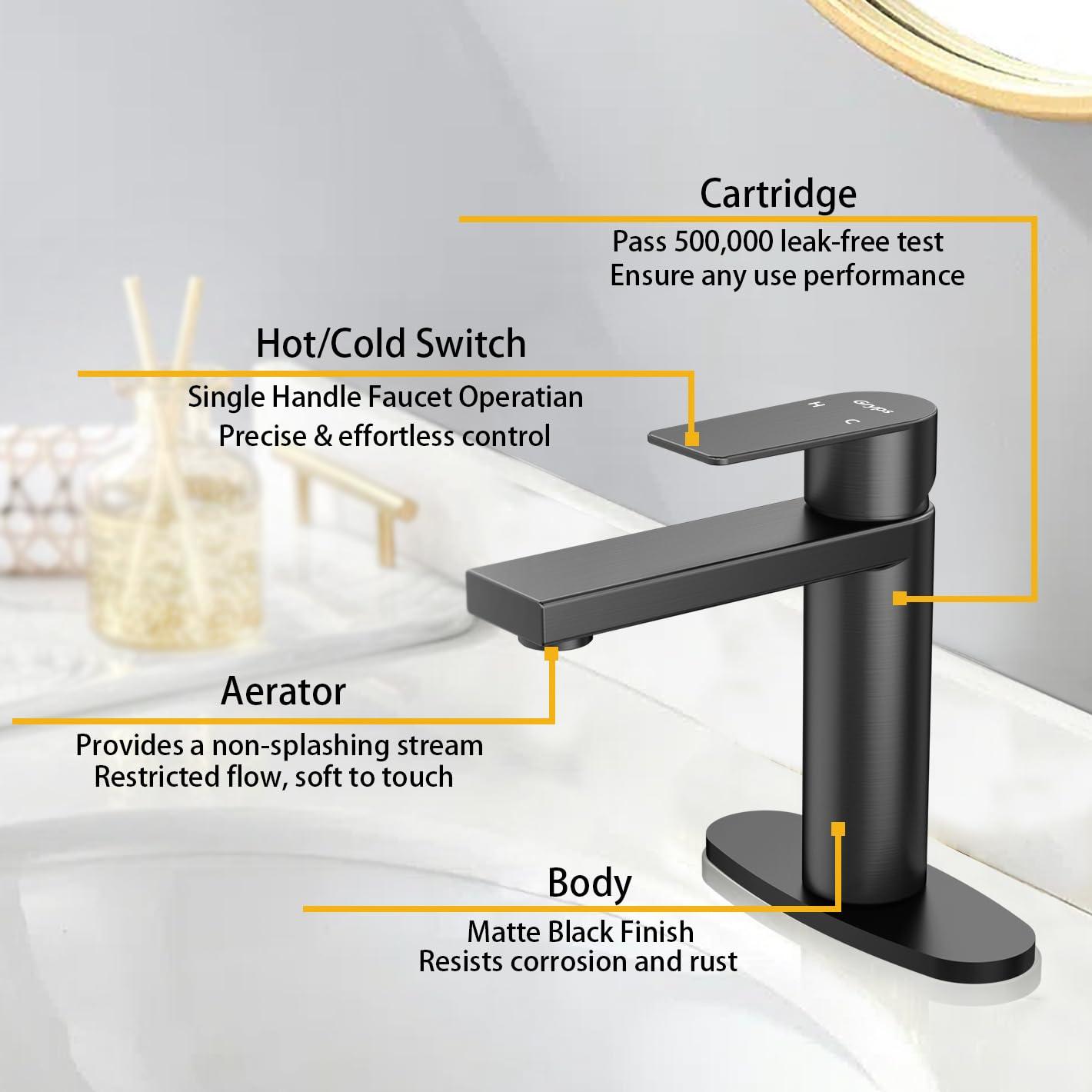Black Bathroom Faucet Single Hole Bathroom Sink Faucet, Matte Black Single Handle Vanity Basin Faucets with Supply Deck Plate, Modern Farmhouse RV Faucet 1 or 3 Holes